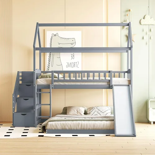 Actual Literas de casa con tobogán, litera de madera maciza individual sobre cama individual con escaleras, techo, barandillas, cama alta de madera