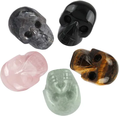 Miniatura 9 de mookaitedecor Juego de 5 esculturas de calavera de cristal de obsidiana Mahagony de 1 pulgada, estatua de piedra preciosa tallada a mano, colección
