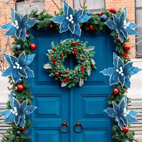 Miniatura 7 de Zeyune 6 Piezas Flores de Pascua Azules de Navidad Artificiales Grandes Espinas de Pascua Falsas Flores de Franela con Borde Helado para Adornos