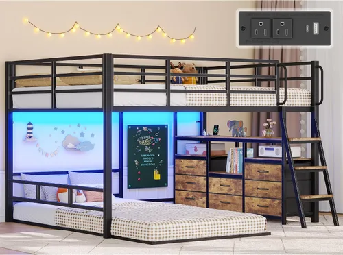 Miniatura 10 de busyaeh Litera matrimonial sobre individual, litera baja con 8 cajones y 4 estantes y barandilla de seguridad de 15 pulgadas de alto, litera