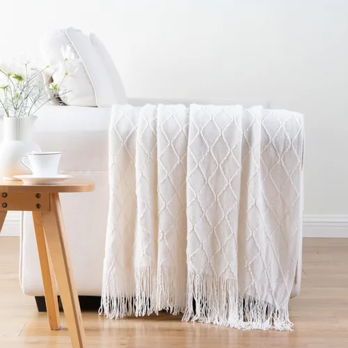 Miniatura 2 de BATTILO HOME Manta crema para sofá, cobija decorativa de estilo bohemio para dormitorio, manta blanca decorativa para sofá, sala de estar, 50 x 60