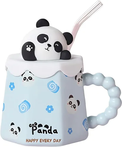 Taza GawmFoiuy Mark con pajita, taza de cerámica con estampado de animales, 414 ml, tazas de café y té kawaii, tazas de animales divertidas, taza de