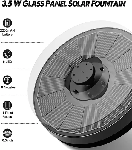 Miniatura 2 de Yzert Panel solar de vidrio con batería de 2200 mAh, fuente de agua solar flotante de 3.5 W con 4 varillas fijas, bomba solar para baño de pájaros