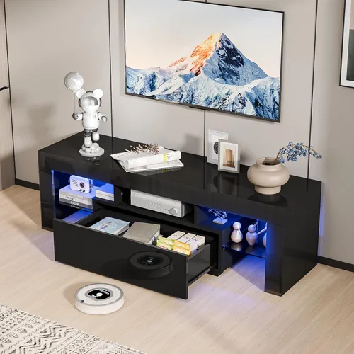 Miniatura 2 de Bonnlo Soporte de TV LED de 51 pulgadas, moderno centro de entretenimiento negro con luces LED y almacenamiento para televisores de 45/50/55/60