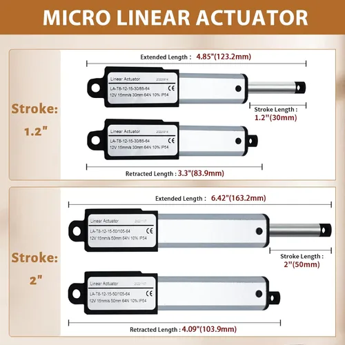 Miniatura 8 de Actuador micro lineal eléctrico de 12 V - carrera de 1.2 pulgadas, 64N/14.4 libras, velocidad de 0.6 pulgadas/s, mini actuador de movimiento