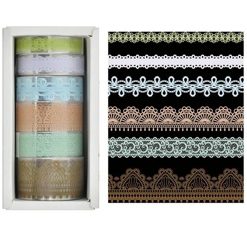 Miniatura 3 de 6 rollos de cintas de PET con patrones de encaje, arte floral, juego de cinta decorativa adhesiva transparente de enmascarar para manualidades DIY