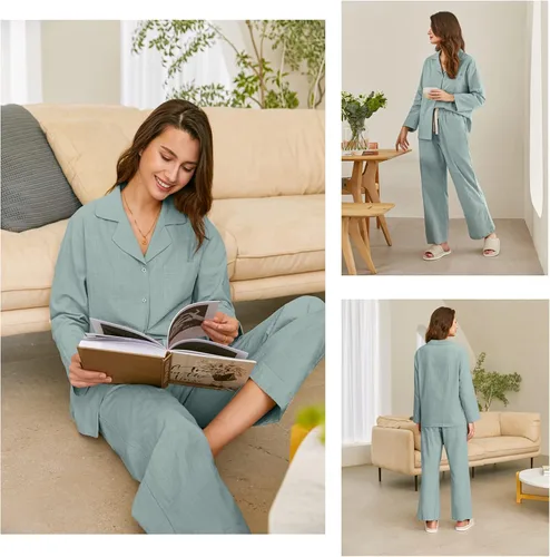 Miniatura 4 de Ekouaer Conjunto de pijama de dos piezas para mujer de lino y algodón con botones de manga larga con bolsillo S-XXL