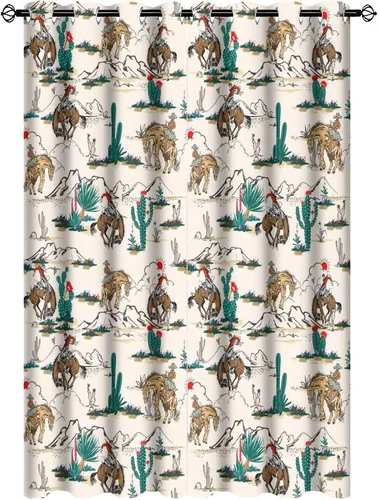 Miniatura 45 de Cortinas opacas retro de vaquero occidental para dormitorio, estilo rústico, cactus, salvaje oeste, vaquero, paseo, caballo, con ojales, aislamiento