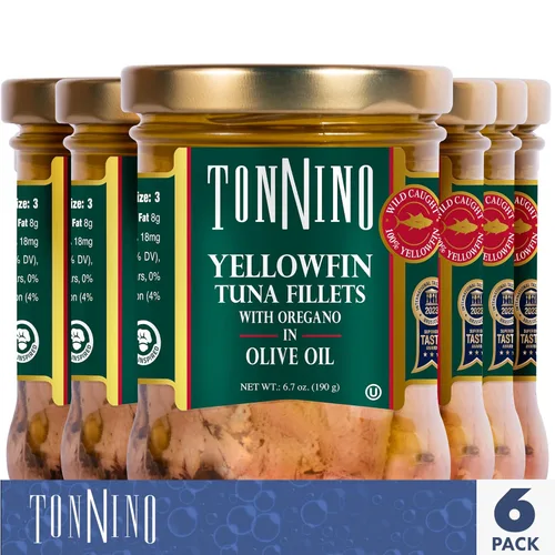 Miniatura 3 de Tonnino - Filetes de atún bajo en calorías y sin gluten, atún premium empacado en vidrio con aleta amarilla en aceite de oliva, 6.7 onzas