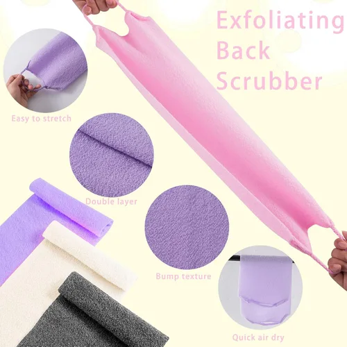 Miniatura 2 de 4 piezas exfoliante de espalda con asas, exfoliante de espalda de nailon de longitud extendida, paño exfoliante elástico, correa de tirar, limpiador