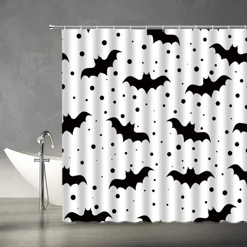 Miniatura 2 de AMFD Cortina de ducha espeluznante para Halloween, diseño de murciélagos blancos y negros, diseño de lunares, para niños, a la moda, para el hogar