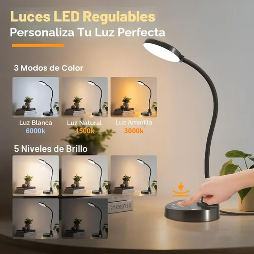 Miniatura 2 de Lámpara de escritorio LED de 15W con puertos de carga USB – Lámpara de mesa regulable con 3 temperaturas de color, 5 niveles de brillo, 4