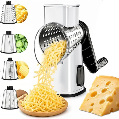 VEKAYA Rallador de Queso, Rallador de Queso con Manivela Manual, Rallador de Queso con 4 Cuchillas Intercambiables, Rebanador de Verduras, Base de