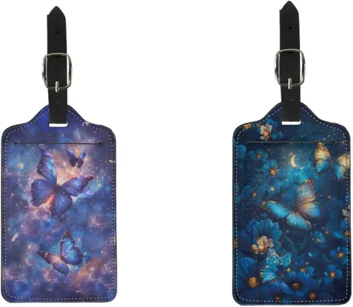 AFPANQZ 3D Butterfly Luggage Tags for Women Girls Pink Leather Business Card Holder Travel Suitcase Labels Bag Tag 2 Pack Belt Adjustable Strap