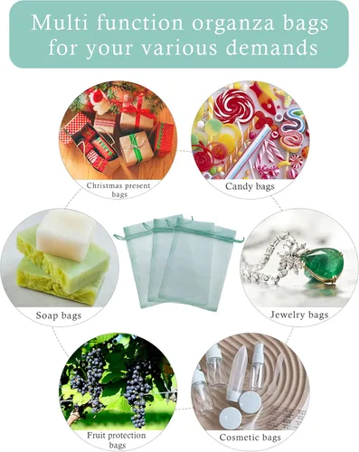 Miniatura 6 de Jexila 100 bolsas de organza verde azulado transparente de 4''x6' pulgadas, pequeñas bolsas de regalo de joyería con cordón de malla para baby