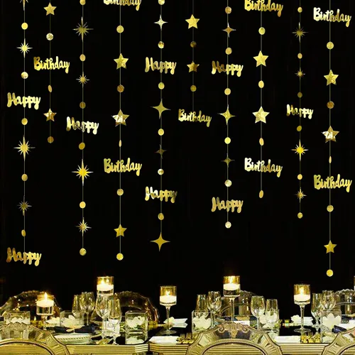 Decoraciones doradas de feliz cumpleaños con diseño de círculos de feliz cumpleaños, guirnalda de estrellas centelleantes metálicas, para colgar en