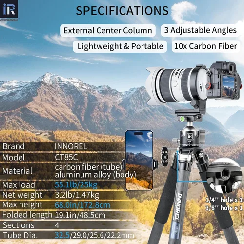 Miniatura 2 de Trípode de fibra de carbono-INNOREL CT85C - Trípode de viaje portátil profesional compacto para cámara de video digital DSLR, carga de 55.1 lb/25