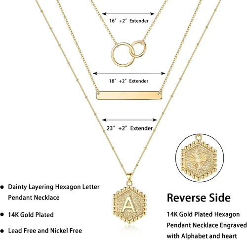 Miniatura 5 de Collares con iniciales en capas para mujer, collar de barra chapado en oro de 14 quilates, collar con dije de letra hexagonal en capas delicadas