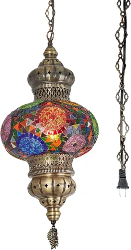 DEMMEX Lámpara colgante de techo con mosaico XL de 10 pulgadas, estilo globo turco marroquí, luz de techo enchufable con cadena y cable de 15 pies y