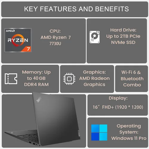 Miniatura 6 de Lenovo ThinkPad E16 Gen 1 - Laptop empresarial, pantalla FHD+ de 16 pulgadas, AMD Ryzen 7 7730U, 16 GB de RAM, SSD de 1 TB, teclado retroiluminado