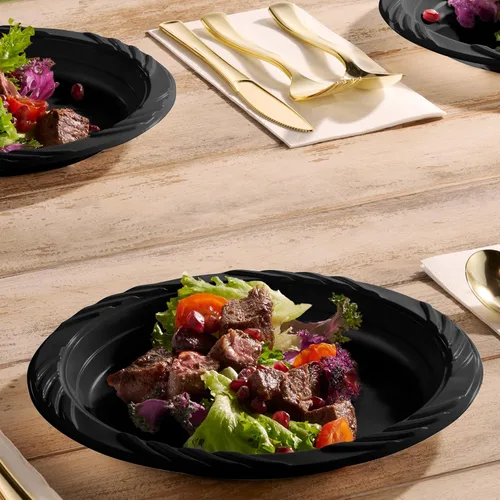 Miniatura 6 de Munfix Juego de 200 platos de plástico negro – platos llanos desechables de 9 pulgadas, paquete a granel para fiestas, barbacoas, picnic, fiestas