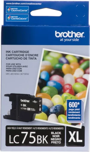 Brother LC75BK - Cartucho original de tinta negra de alto rendimiento, tinta negra de repuesto, rendimiento de hasta 600 páginas, LC75 Negro