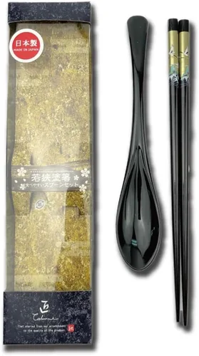 Palillos japoneses prémium con cuchara reutilizables [fabricados en Japón] Palillos de madera de laca tradicional B (grúa dorada BK(TSS32))