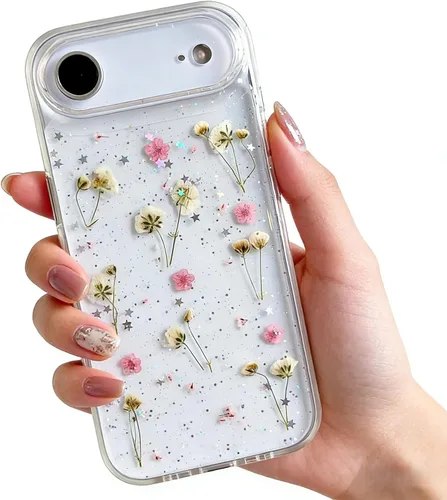 Miniatura 13 de Funda floral para iPhone 17 con flores reales prensadas, bonito diseño de flores secas prensadas transparentes con purpurina para mujer, suave TPU
