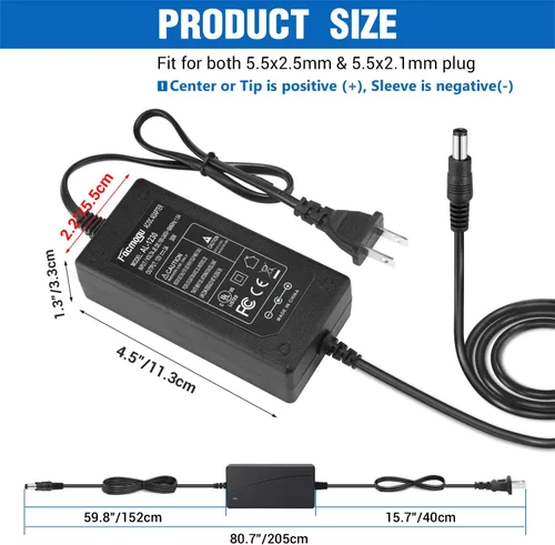 Miniatura 7 de Facmogu Adaptador de Corriente DC 12V 3A, 100-240V AC a DC 12V 3A 36W Suministro de Energía con Conector de Barril 5.5x2.5mm & 5.5x2.1mm, Adaptador