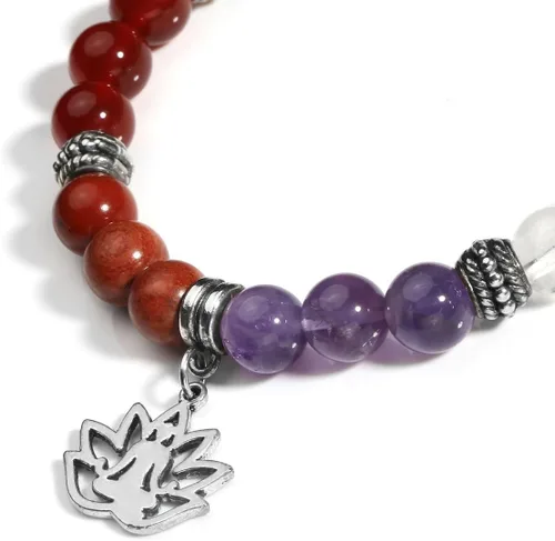 Miniatura 10 de Eigso Pulsera elástica de piedra de cristal de meditación curativa de 7 chakras para mujer con símbolo de loto, yoga, árbol, OM