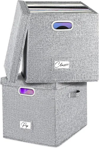 Miniatura 8 de Juego de 2 cajas de almacenamiento de discos de vinilo, para más de 100 LPs individuales (12 pulgadas), caja apilable de lino con tapa, soporte