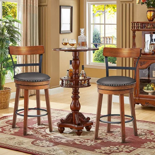 Miniatura 2 de COSTWAY Juego de 2 taburetes de bar, taburetes giratorios de 360 grados con asiento acolchado de cuero, respaldo de escalera de un solo listón