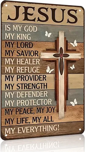 Smilelife Regalos cristianos para mujeres y hombres Jesús es mi Dios, mi rey, todo lo que soy - Letrero vintage de hojalata religiosa de metal para