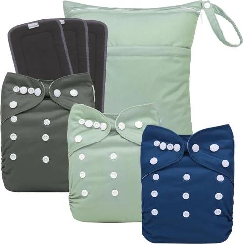 Miniatura 10 de babygoal AWJ Pañales de tela con panel abdominal, paquete de 13, 6 fundas de pañal con 6 insertos y bolsa seca para humedad, ajustables, lavables