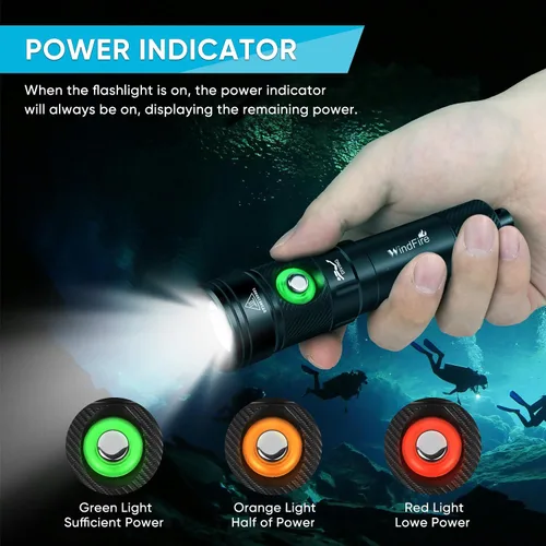 Miniatura 4 de Linterna de buceo WindFire, linterna impermeable para buceo 262 pies bajo el agua, linterna recargable para snorkel con 4 modos y indicador