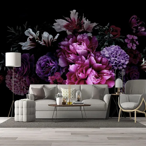 Miniatura 2 de Papel tapiz floral de peonía negra para dormitorio, flores botánicas moradas, hojas murales para sala de estar, fondo de TV, mural grande