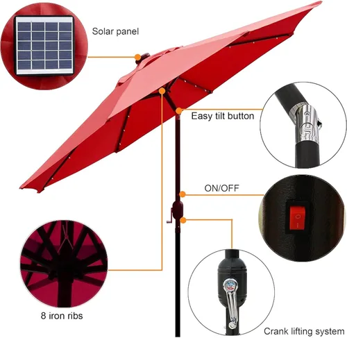 Miniatura 2 de Blissun - Sombrilla solar de 9 pies para exteriores, 32 luces LED, parasol ideal para patio, jardín, cubierta, piscina y playa (rojo)
