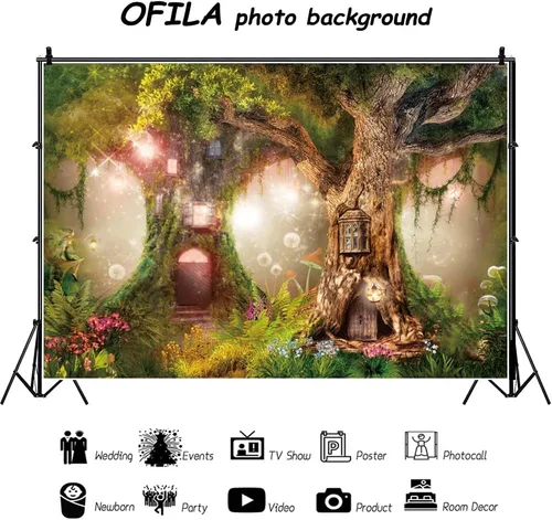 Miniatura 2 de Telón de fondo de bosque de hadas de 7 x 5 pies, bosque encantado, selva, fondo de fotografía para baby shower, niños, jardín mágico, cuento