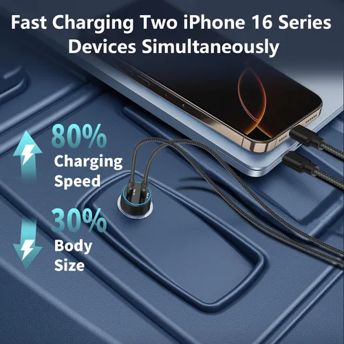 Miniatura 7 de 【MFi Certified】iPhone Car Charger Fast Charging, Linocell 60W Dual USB C Car Power Cigarette Lighter Car Carplay Charger with 2Pack Type C to Black