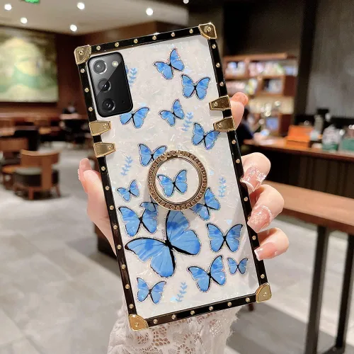 Miniatura 10 de Funda de mariposa con soporte de anillo para Galaxy Z Flip 3 para mujeres y niñas, diseño de caja cuadrada de lujo, diseño de mármol brillante