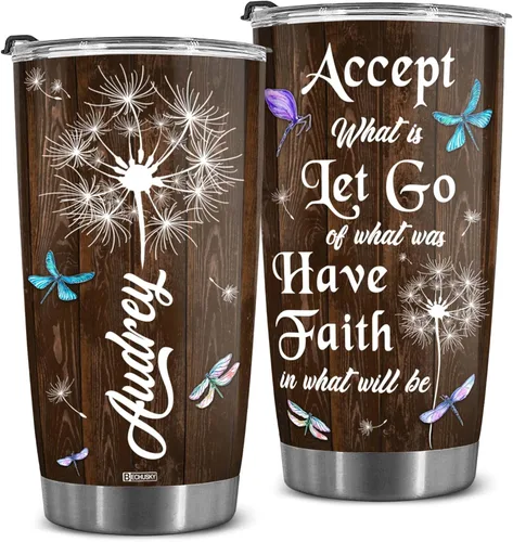 BECHUSKY Vaso personalizado de viaje de diente de león con tapa, 20 onzas, Acepta lo que es dejar ir de lo que era de madera Taraxacum flor floral