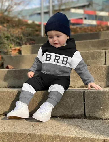 Miniatura 4 de Ropa de bebé niño de manga larga, sudadera con capucha con estampado de letras + pantalones de retazos, 2 piezas, trajes de otoño e invierno