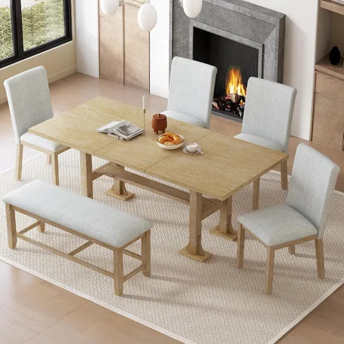 Miniatura 12 de Merax Juego de mesa de comedor de 6 piezas, mesa plegable de madera de 60 pulgadas con 4 sillas tapizadas y banco, juego de mesa de comedor