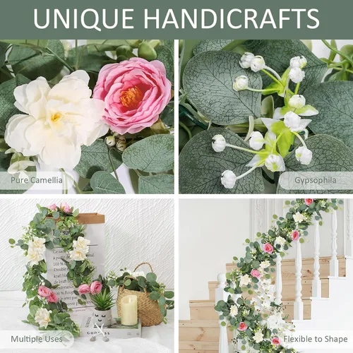 Miniatura 49 de TOCHGREEN Paquete de 2 Guirnaldas de Flores de Eucalipto Artificial de 12 Pies con Rosas Champán, Guirnalda de Flores de Rosa Falsa Verdor