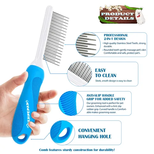 Miniatura 2 de GENPEPADO Peine de aseo para perros y gatos con dientes finos de metal de acero inoxidable largos y cortos para desenredar el cabello enmarañado