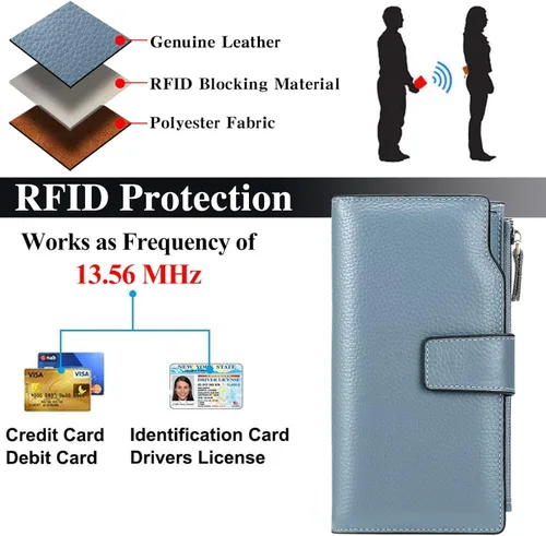 Miniatura 4 de SENDEFN Carteras de cuero para mujer, con bloqueo RFID, tarjetero con bolsillo con cremallera, Azulclaro, Cartera de gran capacidad