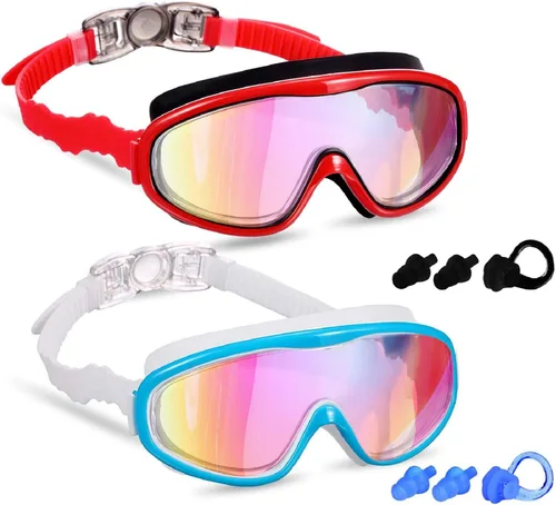 Paquete de 2 gafas de natación para niños, gafas de natación para niños de 3 a 15 años Rojo/Negro y Blanco/Azul