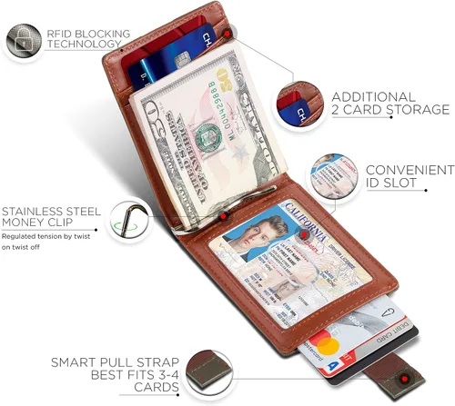 Miniatura 17 de SERMAN BRANDS - Billetera sencilla de cuero genuino con bloqueo RFID para hombre, billetera delgada con bolsillo frontal y clip para dinero