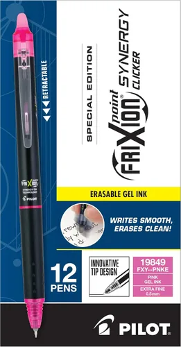 Pilot FriXion Synergy Clicker Bolígrafos de tinta de gel borrables, recargables, retráctiles, punta extra fina de 0.5 mm, paquete de 12, rosa,