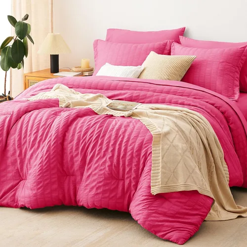 Miniatura 28 de CozyLux Juego de ropa de cama con edredón tamaño King Beige Seersucker de 7 piezas, juego de cama en una bolsa, con edredón, sábanas, fundas
